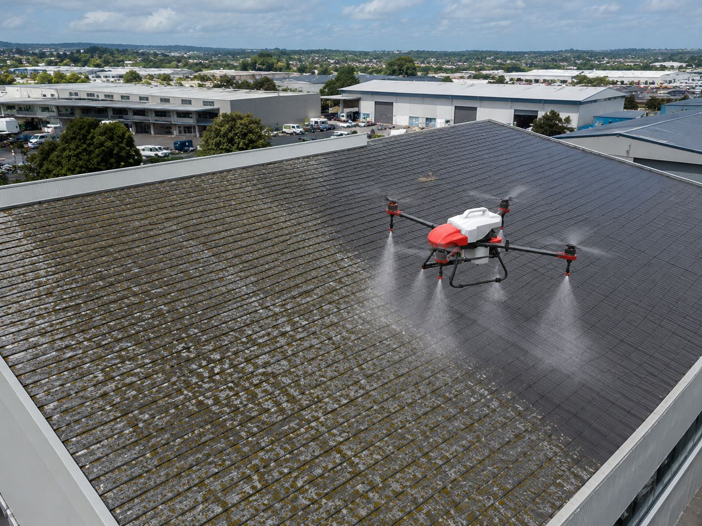 Wash drone soft-washing a commercial roof
