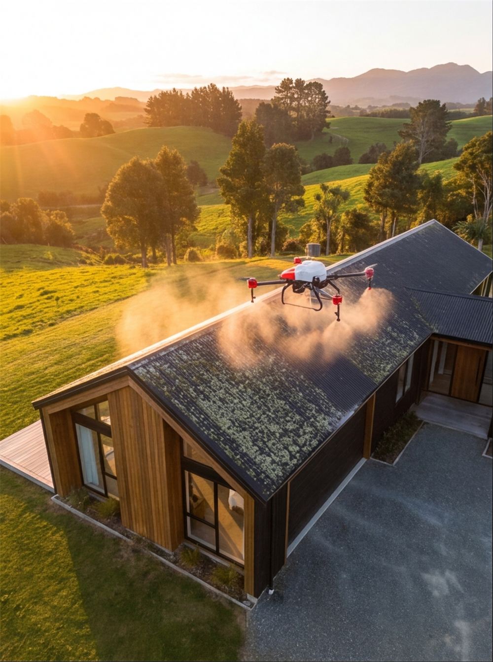 Drone soft-washing the roof of a lifestyle property at sunset